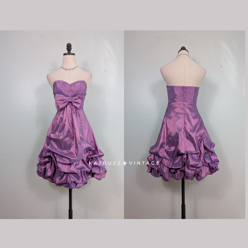 Vintage Prom Dress Mini Gown 6 Purple Y2K Bow Bubble Coquette Glam Strapless